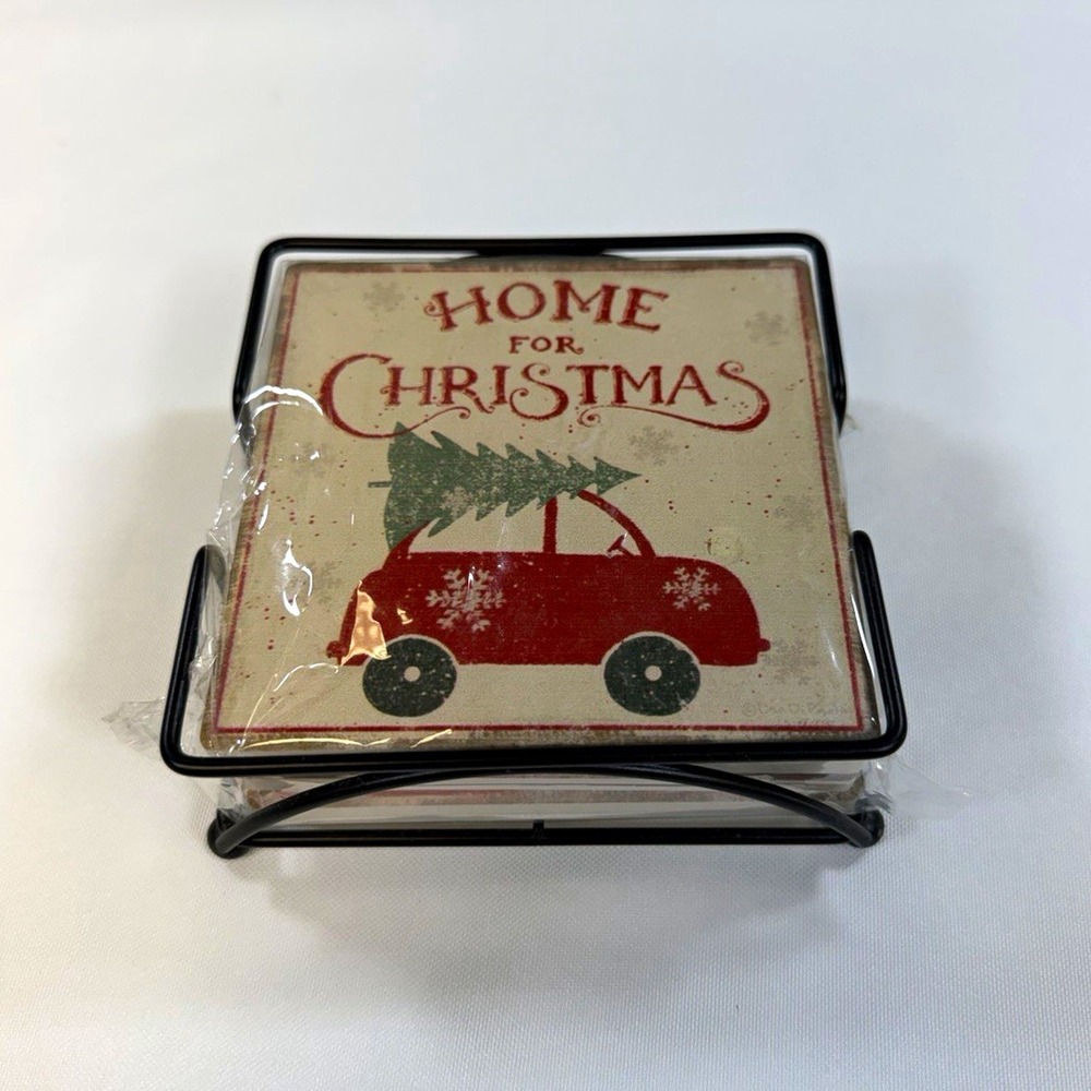 Primitives by Kathy Home for Christmas Absorbent 4pc Square Coasters w/ Holder